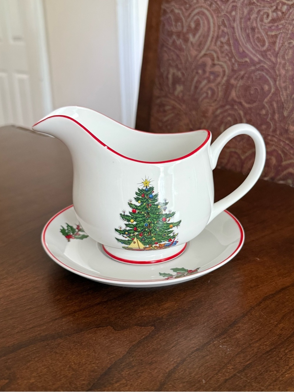 VTG Cuthbertson American Christmas White Tree Gravy Boat & Underplate Saucer Set